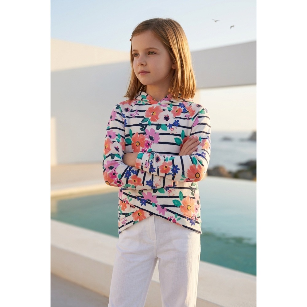 Rumi + Ryder Girls Floral Stripe Hoodie Pullover Crossover Hem Navy White Sz8-10